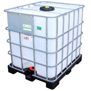 IBC Tank 1000 l auf schwarzer Kunststoffpalette, mit weißem Behälter, verzinktem Stahlrahmen und rotem Hahn.