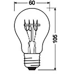 Skizze: Osram LED-Leuchtmittel E27, Glühlampenform, 4,8W, Maße 10,5x6cm.