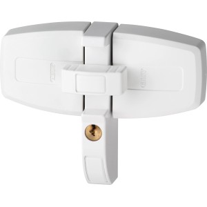 Weißes Abus Fensterzusatzschloss DFS95 für Doppelflügelfenster zur Tür- und Fenstersicherung.