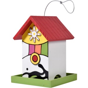 Buntes Dobar Vogelhaus Ambiente Nana aus Holz mit rotem Dach und Aufhängung.