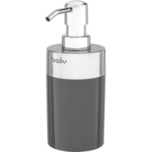 Schwarzer baliv Seifenspender aus Kunststoff mit silberfarbenem Spenderkopf.