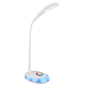 Weiße LED-Tischleuchte Minea mit flexiblem Arm und Farbwechsler für Schreibtisch.