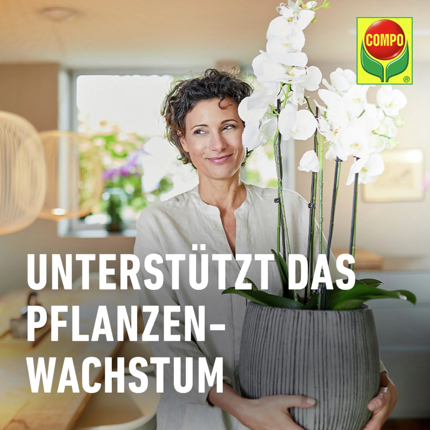 Frau hält blühende weiße Orchidee in grauem Topf. Compo Orchideendünger für gesundes Wachstum und prächtige Blüten.