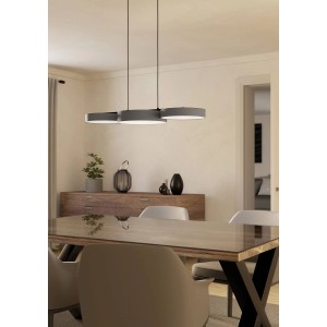 Smarte Eglo LED-Pendelleuchte Barbano-Z, grau-weiß, 83,8 cm breit, mit drei Leuchtelementen im Esszimmer.