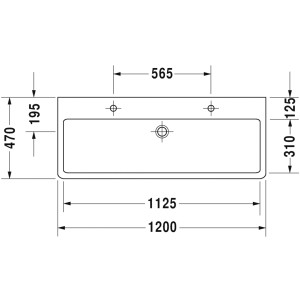 Draufsicht: Weißer Duravit Vero Einbauwaschtisch, 1200 mm, mit Hahnlöchern und Überlauf.