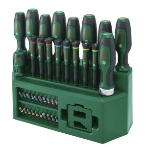 Bosch Schraubendreher-Set, 39-teilig, mit Bits und Aufbewahrungsständer.
