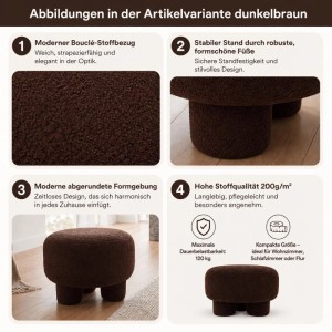 Senfgelber MCW Hocker Q49 mit Bouclé-Stoffbezug, abgerundeter Form und drei Füßen.