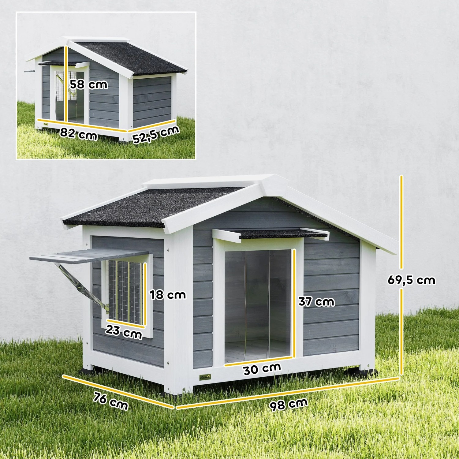 Grau-weiße PawHut Hundehütte aus Tannenholz mit schwarzem Dach, erhöhtem Boden und aufklappbarem Fenster. Für Outdoor-Einsatz.