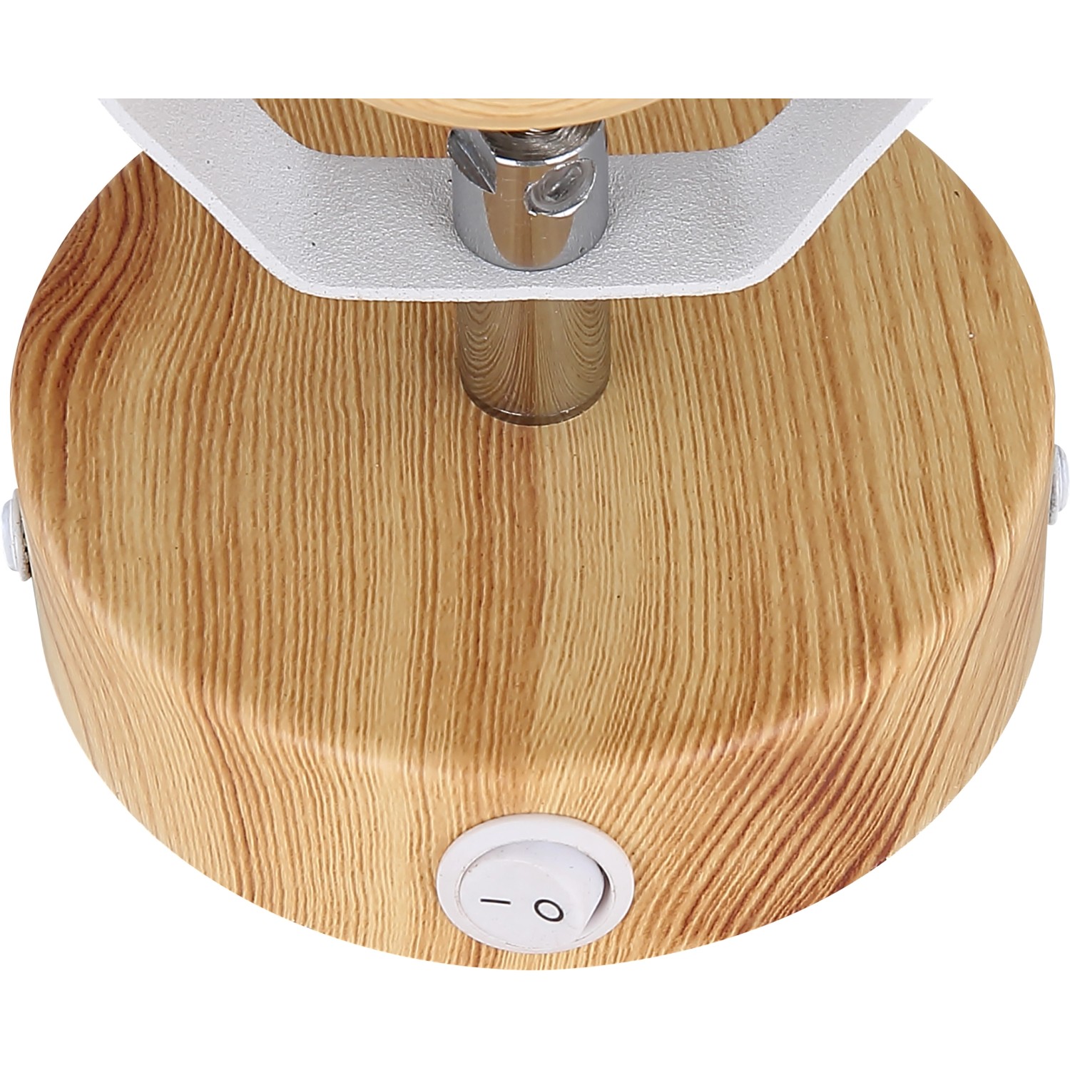 Detailaufnahme: Globo Spot Wiho, 1-flammig, weißes Metall, Holzoptik, mit Schalter.