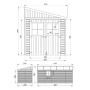 Technische Zeichnung: Timbela Gartenhaus M341A, 10 m², mit Maßen. Holz-Gartenhaus ohne Boden.