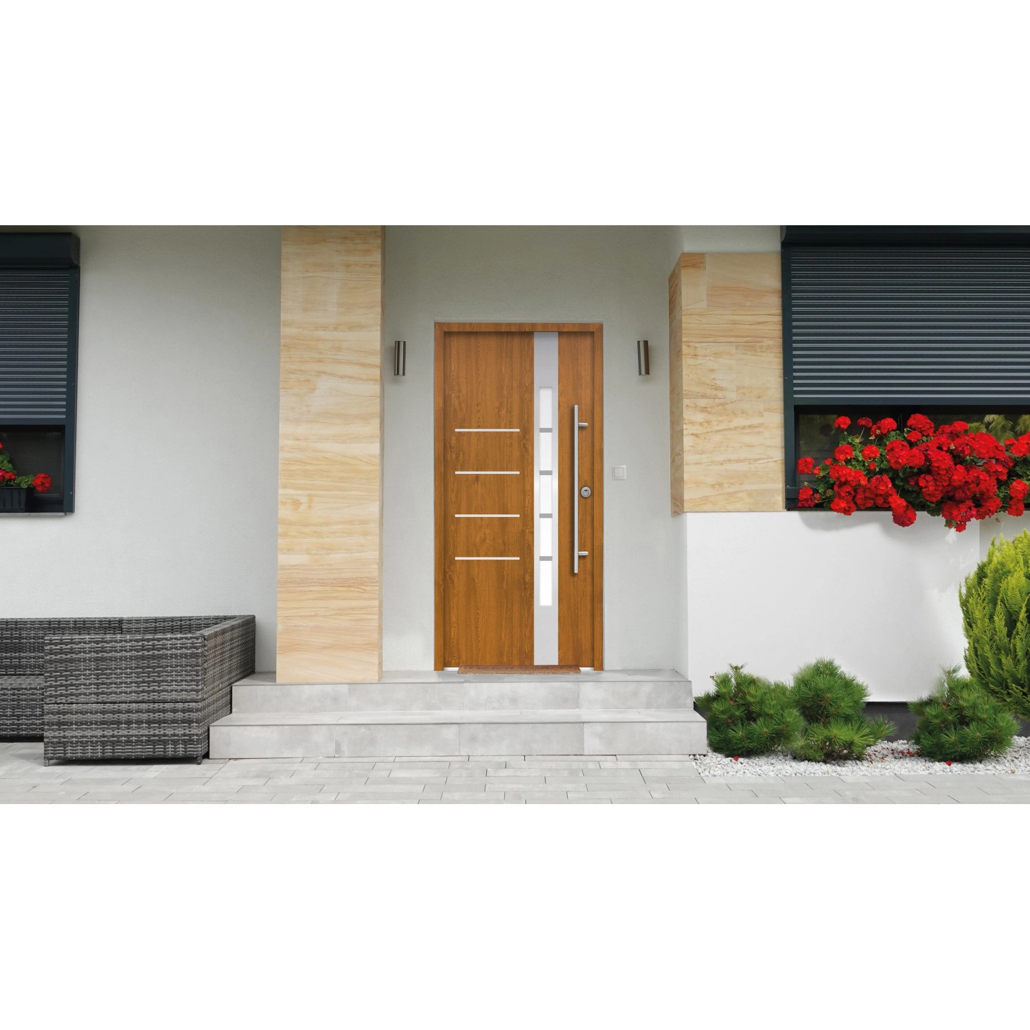 Splendoor Sicherheits-Haustür Berlin Prime RC2 Gold.Oak, 100x210 cm, mit Edelstahlgriff und Glaseinsatz.