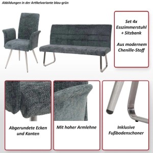 MCW Esszimmer-Set, 5-teilig: 4 Stühle mit Armlehne und Sitzbank, blau-grüner Chenille-Stoff, Edelstahlgestell.