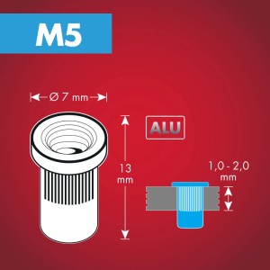 Abbildung einer Arrow Nietmutter RN M5 aus Aluminium, 7 x 13 mm, zur Verwendung mit Zangen.
