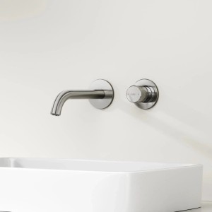 Moderne Emke Waschtischarmatur Unterputz in Anthrazit Matt, wandmontiert über weißem Waschbecken. Eleganter Wasserhahn für Bad.