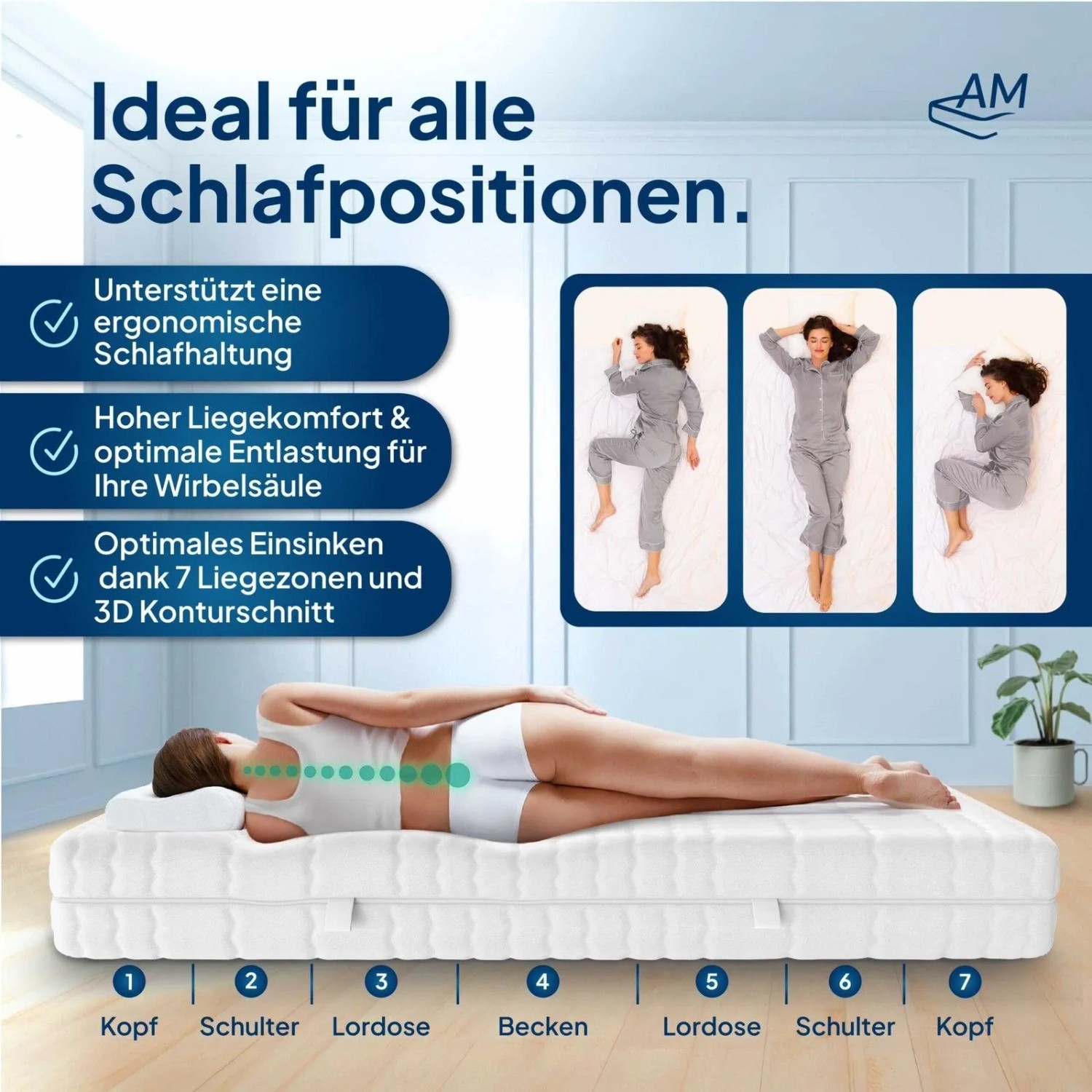 AM Qualitätsmatratze Premium 7-Zonen Kaltschaummatratze 160x200 cm mit Liegezonen.