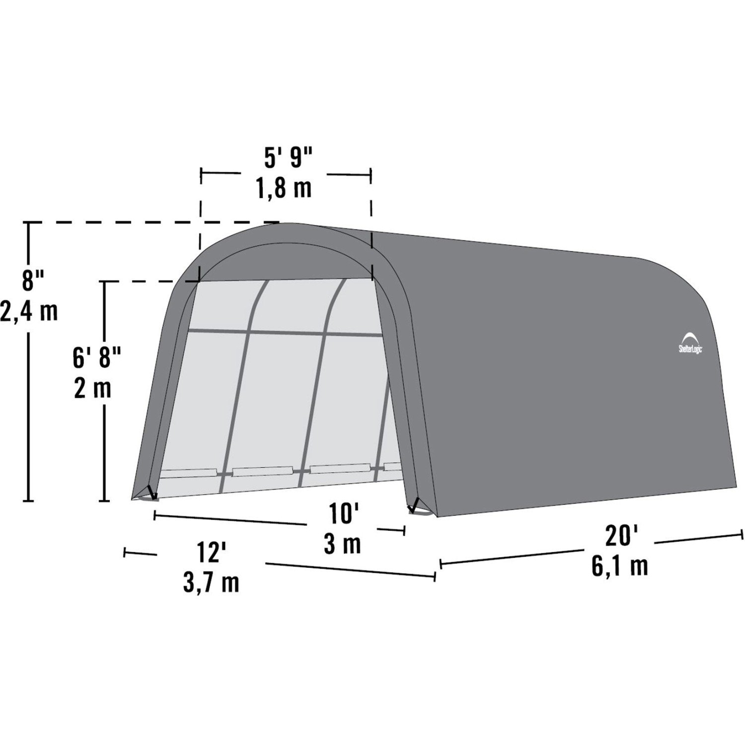 Technische Zeichnung: ShelterLogic Zeltgarage, 610x370x240 cm, graue Fertiggarage mit Maßangaben.