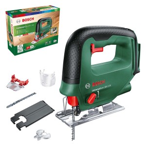 Bosch Akku-Stichsäge UniversalSaw 18V-100 Solo mit Zubehör und Verpackung.
