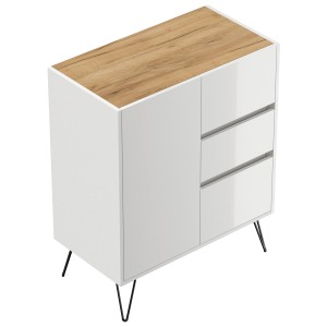 Posseik Sideboard Industrial K, weiß mit Eiche Top, 80 cm breit, mit 1 Tür und 3 Schubladen.