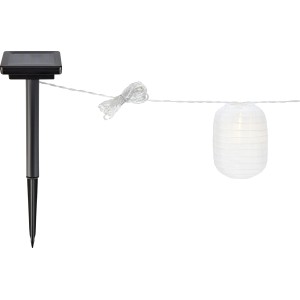 Weiße Solar-Lichterkette Martelli (3,8 m) mit Lampion und Erdspieß für Garten und Balkon.