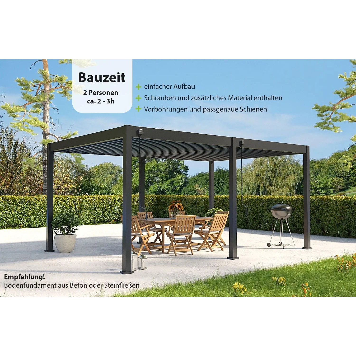 Weide Deluxe Pavillon Terrassenüberdachung Alu 3,6x5,3m anthrazit mit verstellbarem Lamellendach auf Terrasse.