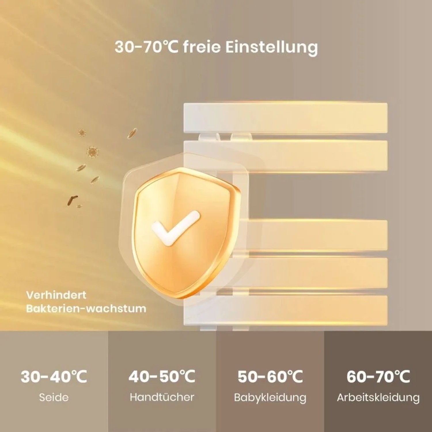 Weißer Emke elektrischer Handtuchhalter. 30-70°C Temperatur für Handtücher, Babykleidung. Verhindert Bakterienwachstum.