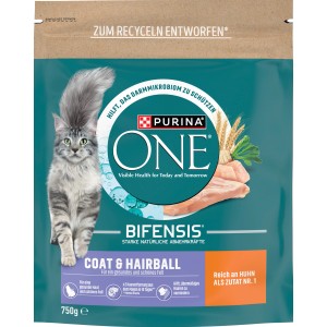 Purina One Katzenfutter Coat & Hairball mit Huhn, 750g Beutel. Trockenfutter für gesunde Haut und Fell.