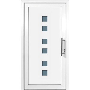 Weiße Kunststoff-Haustür mit fünf quadratischen Glaseinsätzen, Anschlag rechts, 100x200 cm.