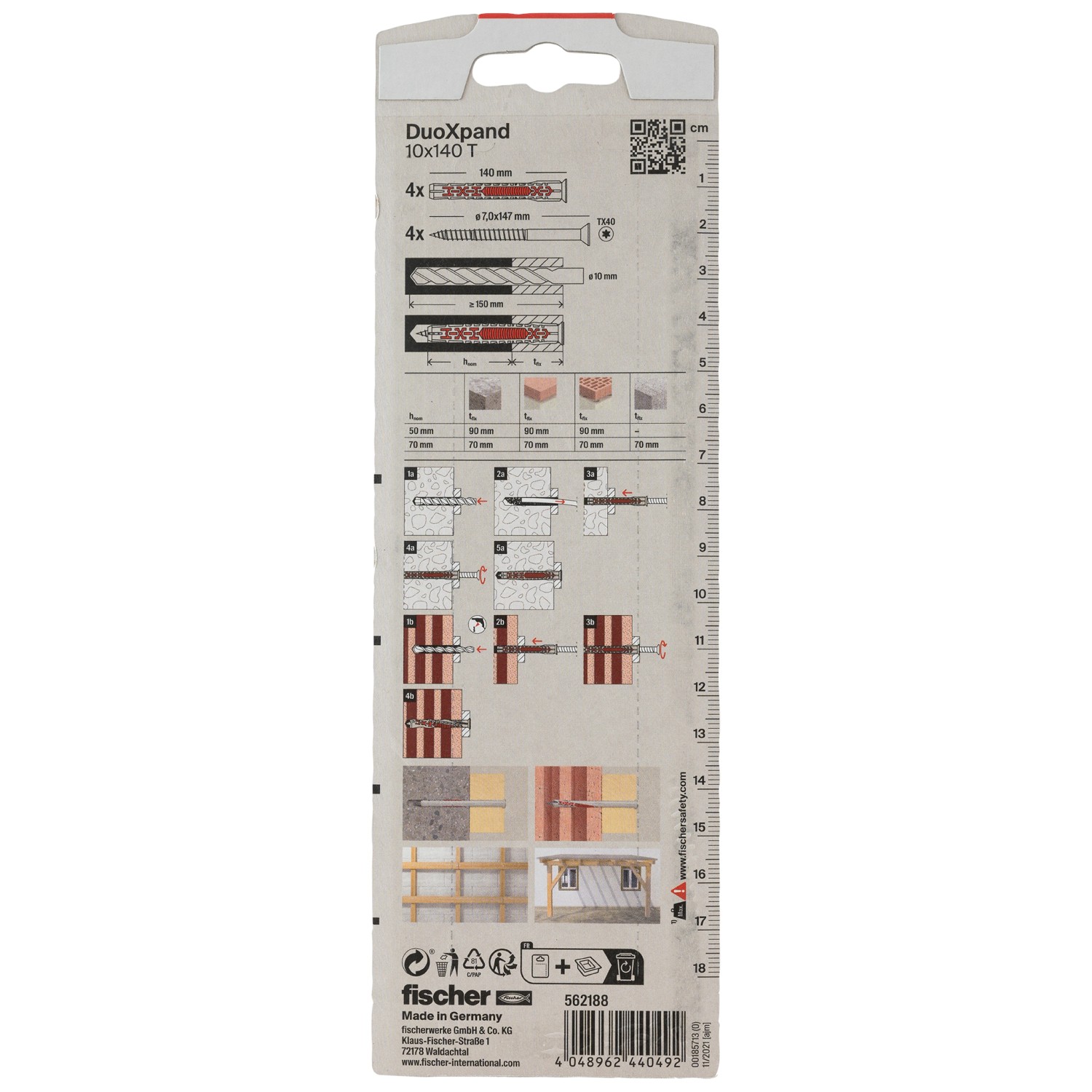Fischer DuoXpand Dübel 10x140 mm, 4er-Pack mit Senkkopfschraube, geeignet für Beton und Mauerwerk.