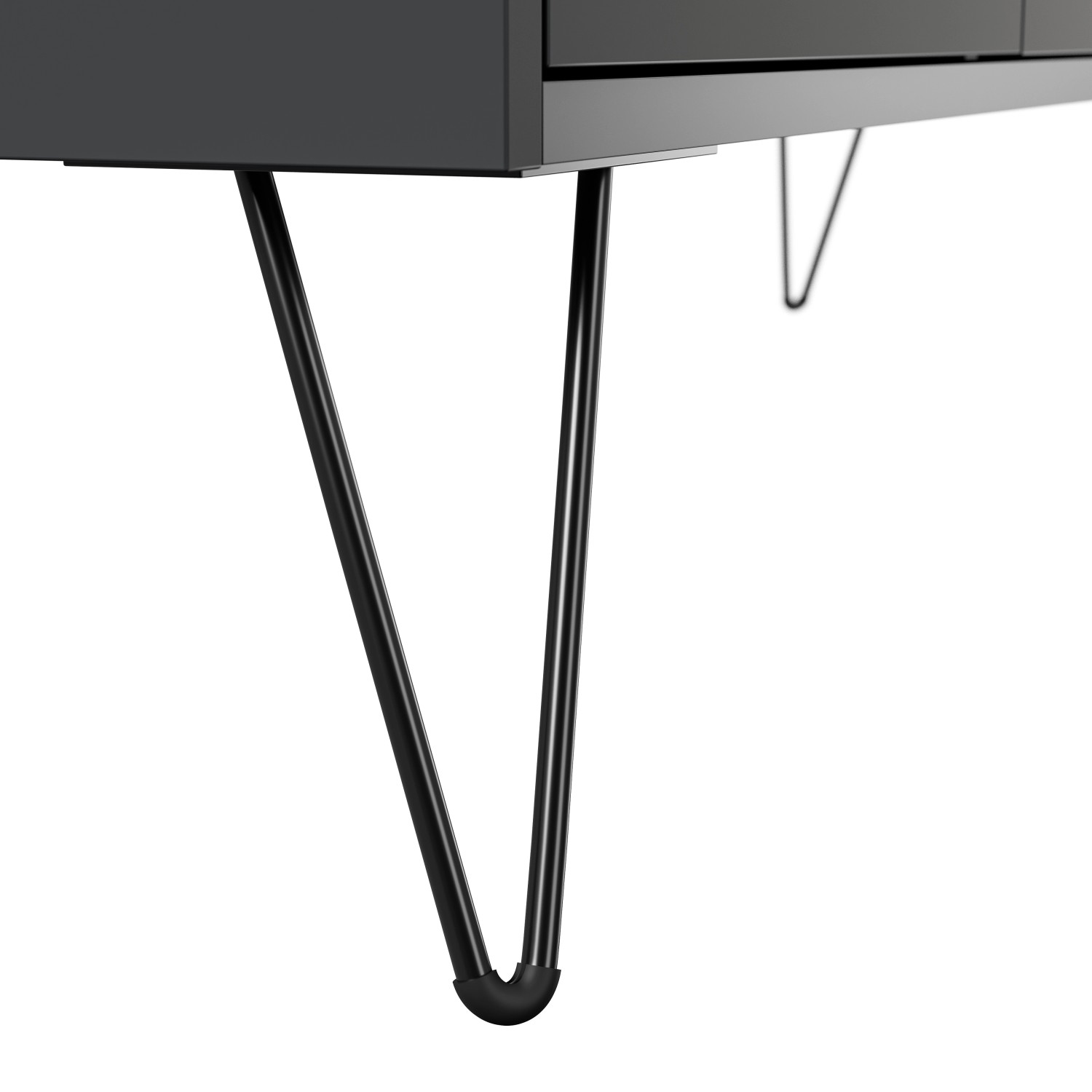 Detailaufnahme: Grafitfarbenes Posseik Sideboard Industrial mit schwarzen Metallfüßen.