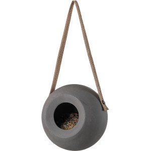 Graues SingingFriend Vogelhaus Lisa: Keramik-Futterspender mit Juteband zum Aufhängen.