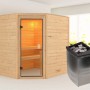 Karibu Sauna Elea Set mit Ofen, naturbelassenes Fichtenholz, Eckeinstieg mit Glastür.