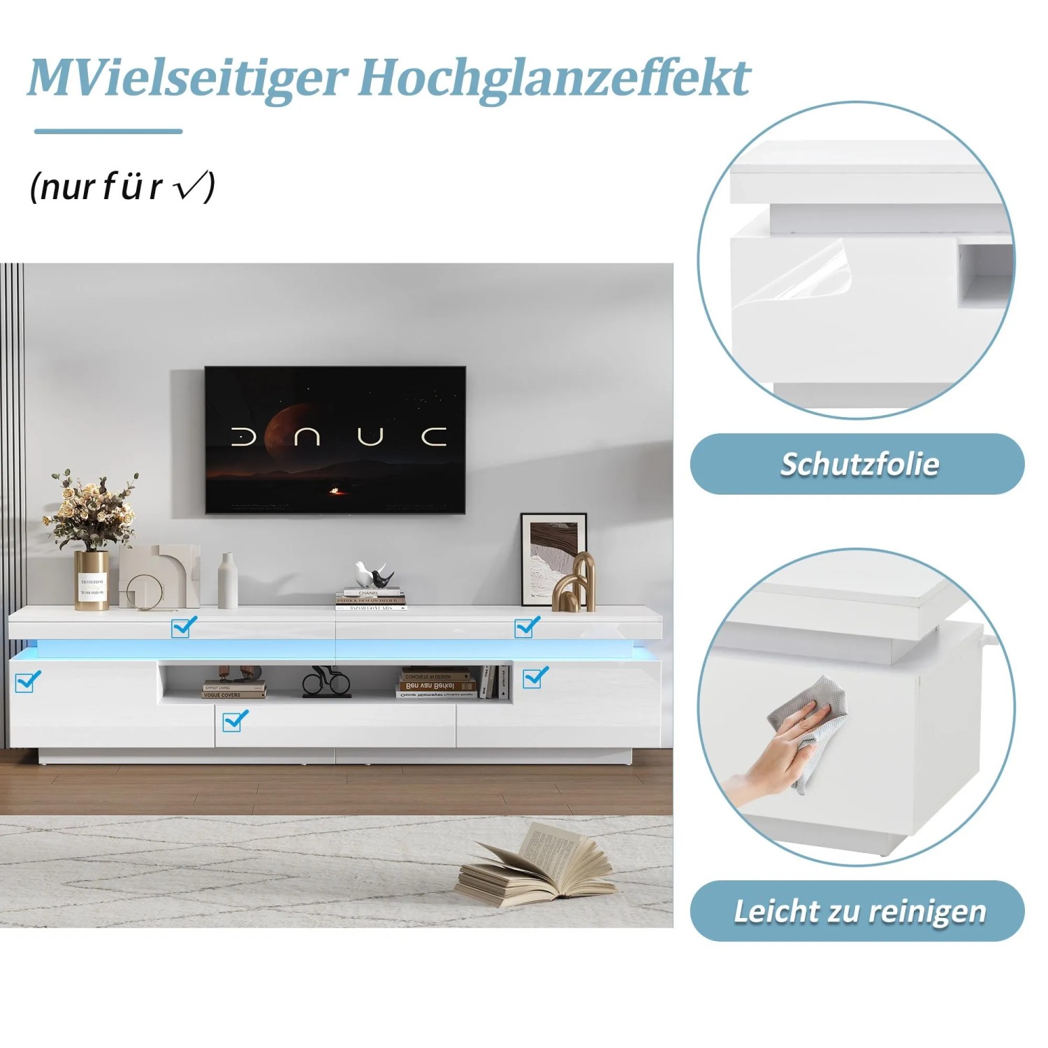 okwish TV Schrank mit LED Hochglanz Schublade Lowboard Wohnzimmer 75 Zoll 175x38x45cm Weiß_7