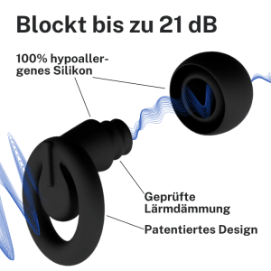 CUXCES Ohrstöpsel, schwarzer Silikon Gehörschutz, blockt bis zu 21 dB Lärm. Hypoallergen, patentiertes Design.