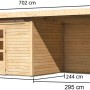 Karibu Holz-Gartenhaus Kumla 7, unbehandelt, mit Pultdach und Maßangaben.