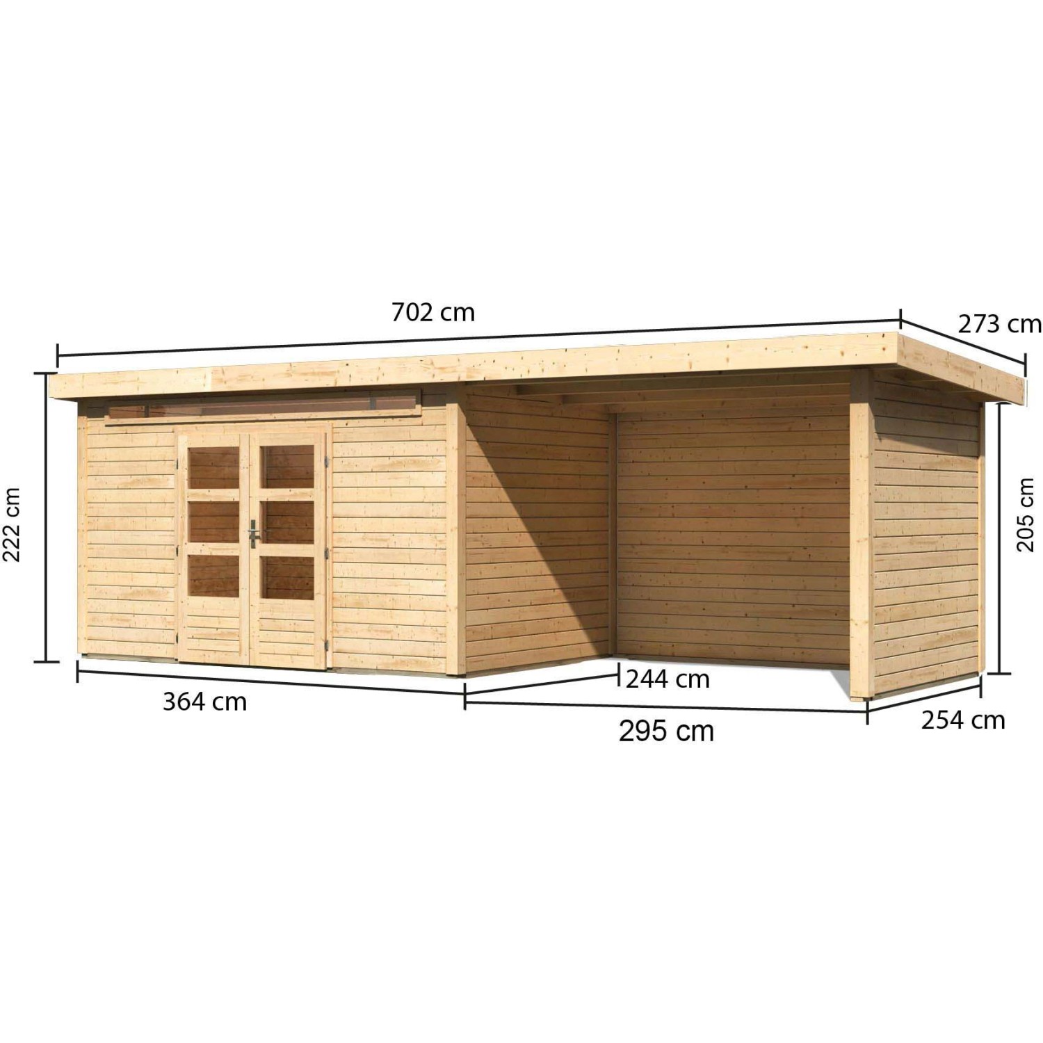 Karibu Holz-Gartenhaus Kumla 7, unbehandelt, mit Pultdach und Maßangaben.
