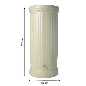 Garantia Regenwassertank 2000 l in Sandbeige, Säulen-Design, mit Maßangaben.