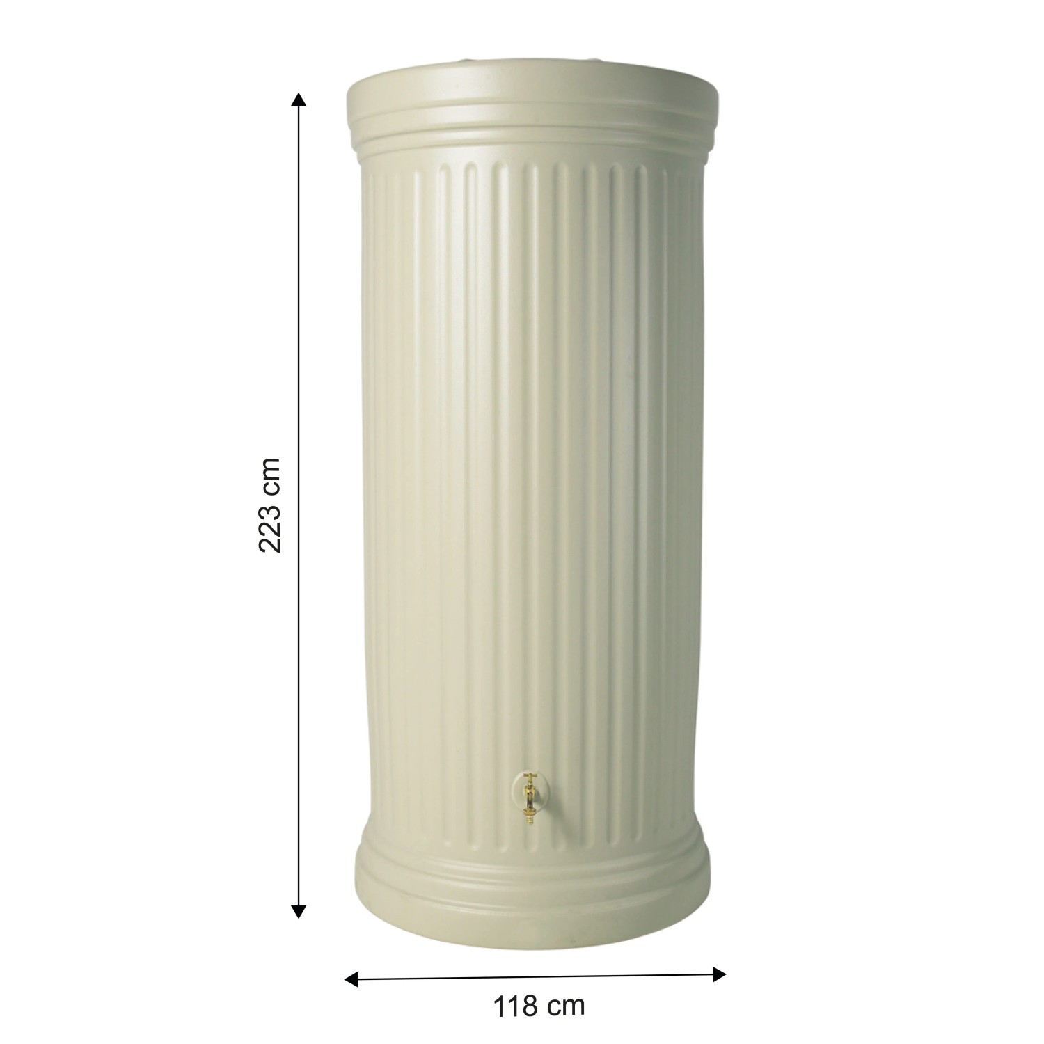 Garantia Regenwassertank 2000 l in Sandbeige, Säulen-Design, mit Maßangaben.