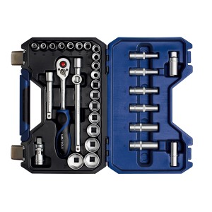 LUX Steckschlüsselsatz Comfort, 32-teilig mit Ratschen, Verlängerungen und verschiedenen Stecknüssen im Koffer.