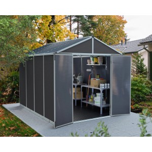 Palram Gerätehaus Rubicon in Anthrazit, 303x237 cm, mit geöffneten Türen und Regalen.