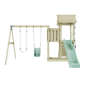 PolarPlay Babyschaukel Uppsala mintgrün mit Spielturm und Rutsche.