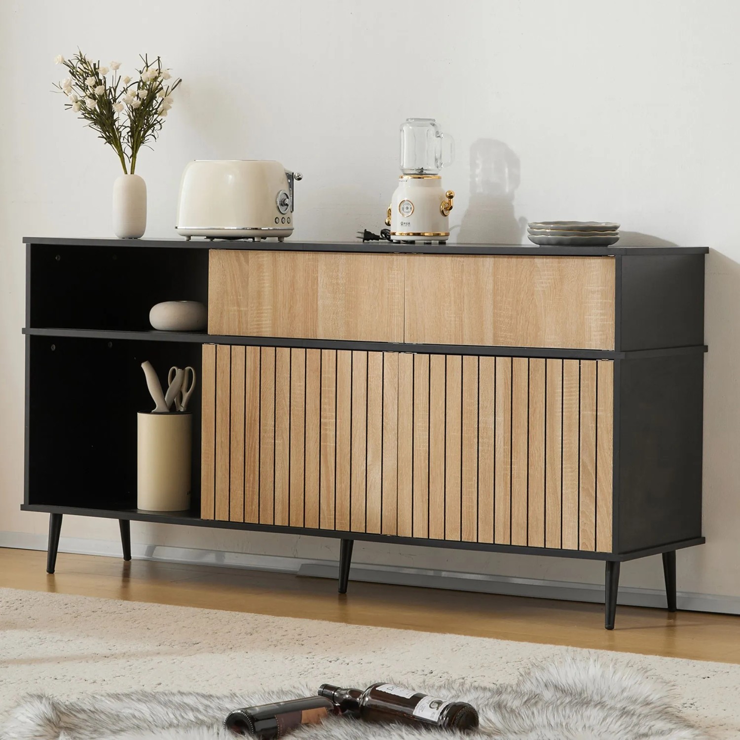 okwish Kommode mit Schiebetüren Schublade Wohnzimmer 160x40x80cm Eiche Schwarz_4