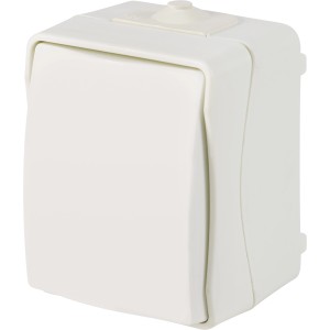 Weißer Feuchtraum Aus-Wechselschalter IP54 für Aufputzmontage im Innen- und Außenbereich.