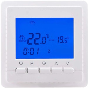 Digitaler Perobe Temperaturregler für elektrische Fußbodenheizung mit blauem Display.