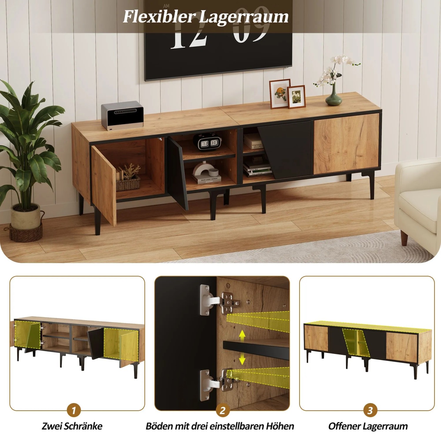 okwish TV Schrank mit Stauraum Fächern Wohnzimmer 160x36.5x45cm Braun_7