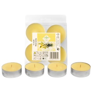 Schlaraffenland Duft-Teelichter Maxi Vanille, 4er-Pack. Gelbe Teelichter mit Vanilleduft.