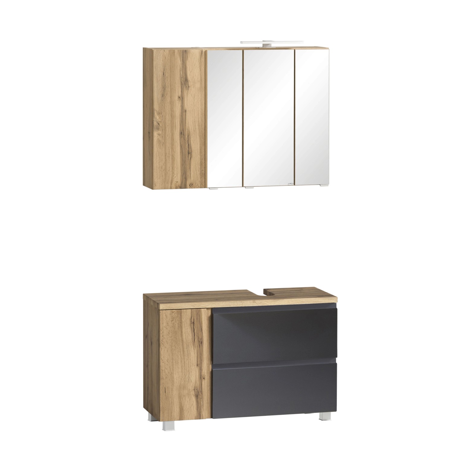 Held Möbel Badmöbel-Set Ancona, 85cm, mattgrau/Wotaneiche, mit Spiegelschrank und Unterbeckenschrank.