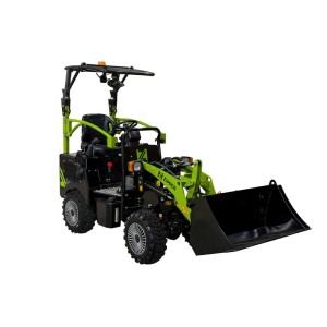 Grüner, schwarzer Zipper Hoflader ZI-HL500AKKU mit Schaufel. Elektrische Baumaschine, 500 kg Hubkraft.