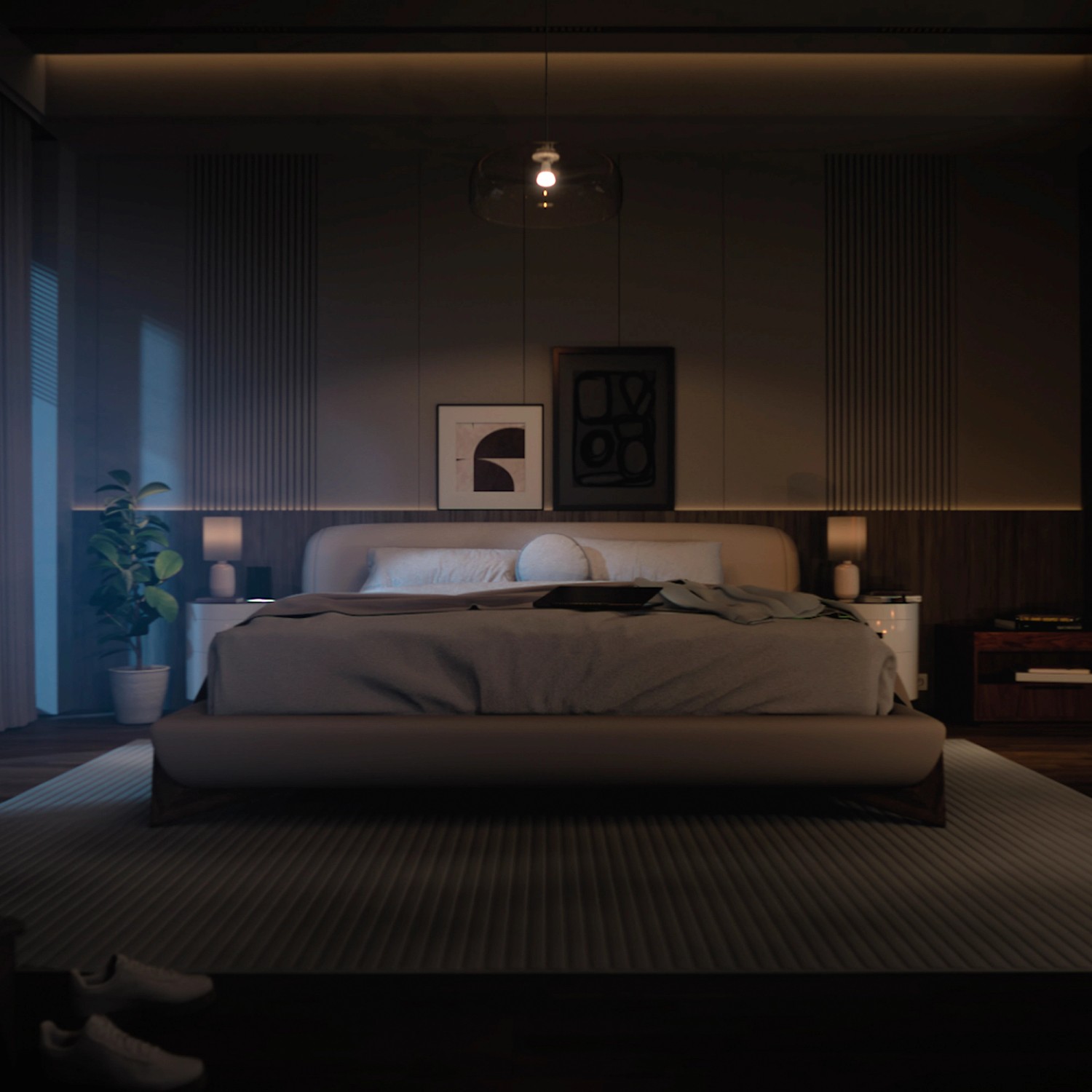 Schlafzimmer mit Philips Hue Leuchtmittel E27, das warmes Licht spendet und eine gemütliche Atmosphäre erzeugt.