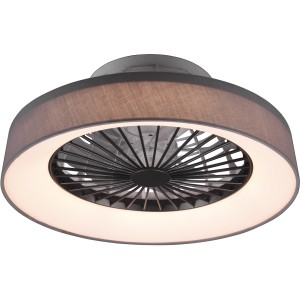 Graue Reality LED-Deckenleuchte Farsund mit integriertem Ventilator und Stoffschirm.