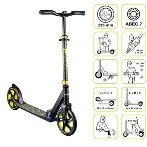 Muuwmi Aluminium Scooter Pro Tretroller, schwarz-limettengrün, 215 mm Rollen, ABEC 7, höhenverstellbar. Für Kinder & Erwachsene.